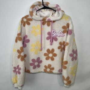 Barbie Movie Fleece Hoodie Sweatshirt Womens Size S Small White Floral Faux Fur